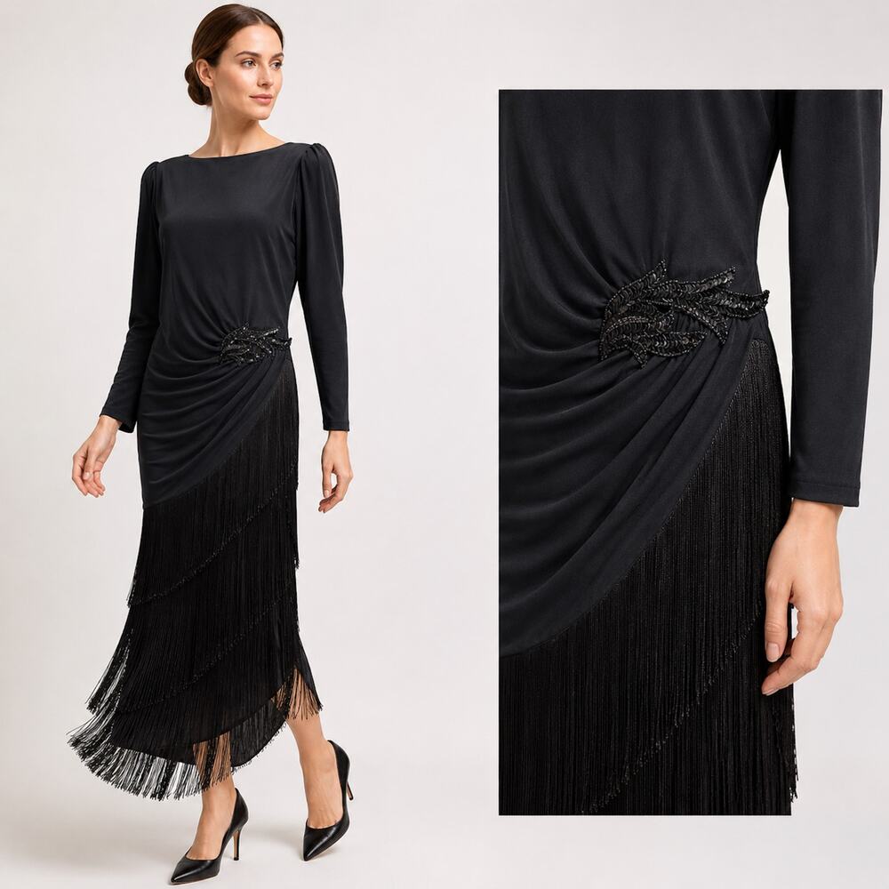 Vintage 80's does 20s Black Asymmetrical Flapper Style Evening Gown w Fringe